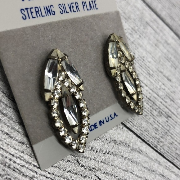 VINTAGE sterling plated crystal baguette earrings glam statement evening - Picture 4 of 5